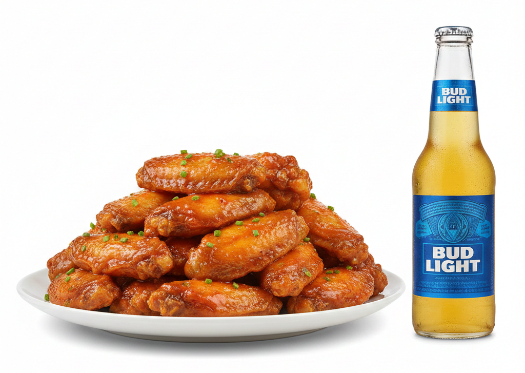 Pile of Wings on a White plate with a bottle of Bud Light