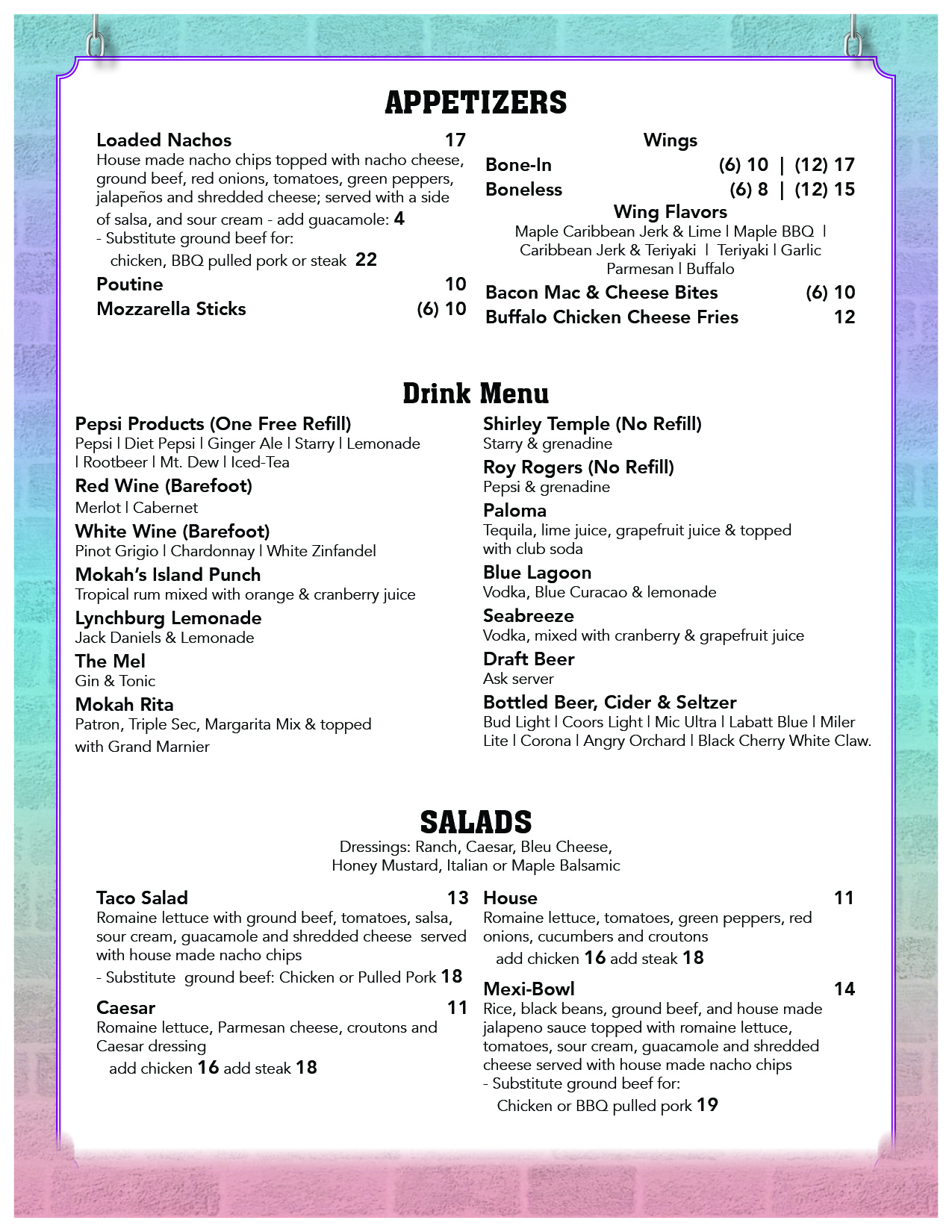 Mokahs IH2 Mokah's Appetizers, Drinks and Salads Menu