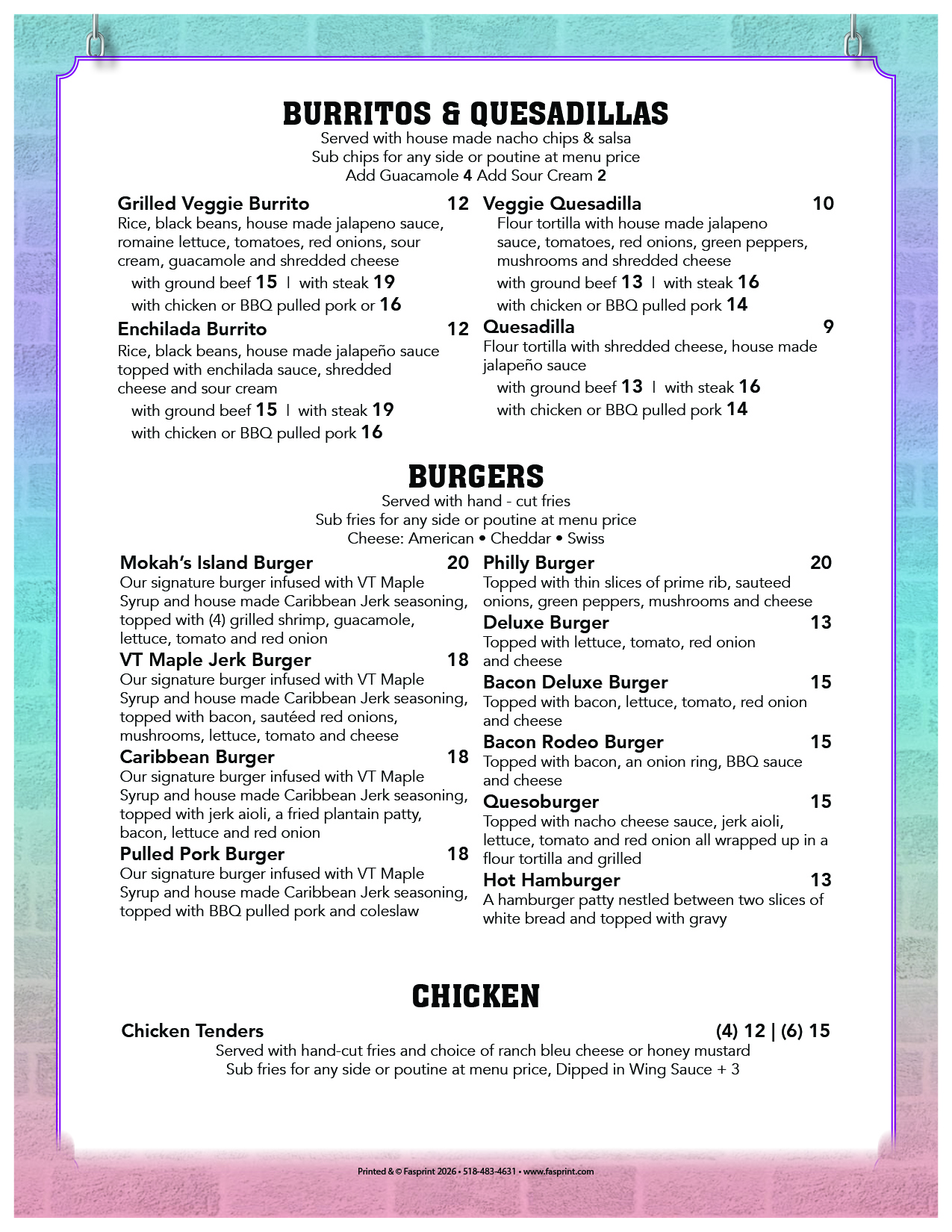 Mokahs IH5 Mokah's Buritto, Quesadilla's, Burgers & Chicken Menu